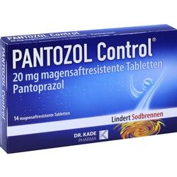 Blaue Medikamentenverpackung mit der Aufschrift "PANTOZOL Control" zur Linderung von Sodbrennen.