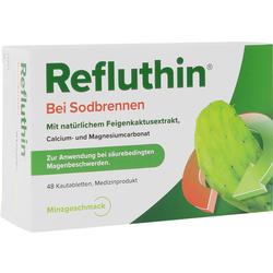 Verpackung von Refluthin-Kautabletten gegen Sodbrennen mit Minzgeschmack und Feigenkaktusextrakt.